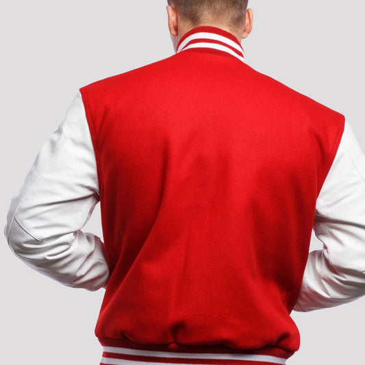 Scarlet Wool Varsity Jacket with Bright White Leather Sleeves