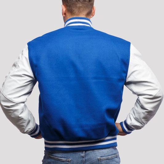 Bright Royal Wool Varsity Jacket with Bright White Leather Sleeves