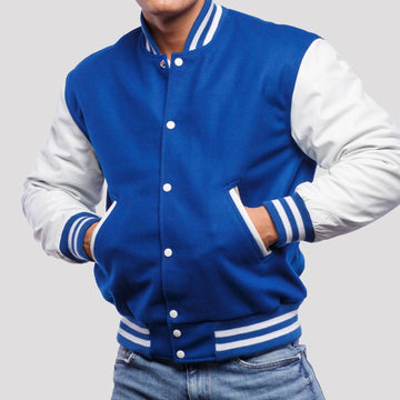 Bright Royal Wool Varsity Jacket with Bright White Leather Sleeves