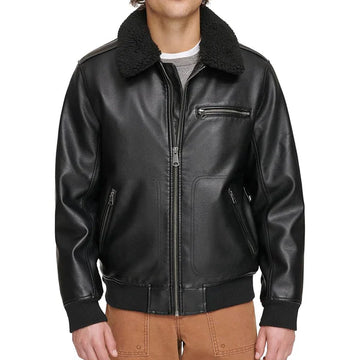 Men's Faux Shearling Sherpa Collar Bomber Leather Jacket-Men Shearling Jacket-Premium Leather Store