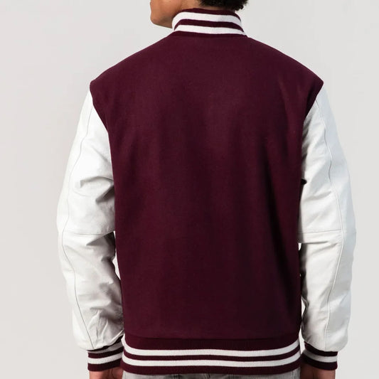 Maroon Wool Varsity Jacket with Bright White Leather Sleeves