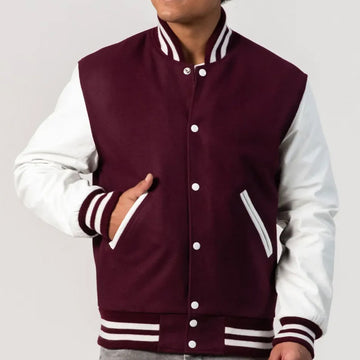 Maroon Wool Varsity Jacket with Bright White Leather Sleeves