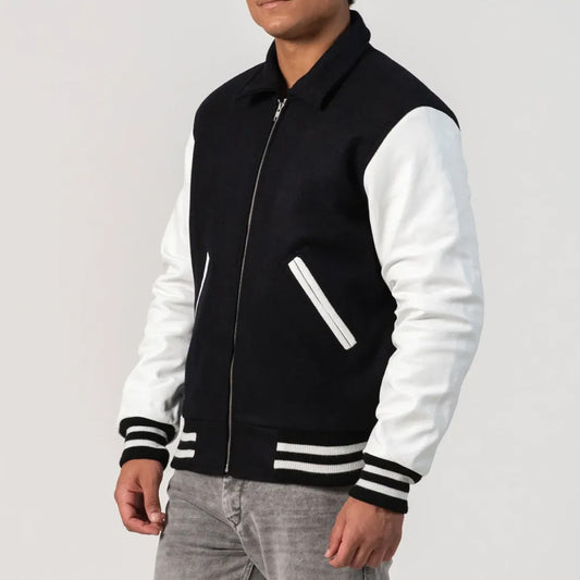 Black Body Letterman Jacket with White Leather Sleeves, Byron Collar, and Zipper