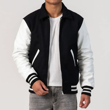 Black Body Varsity Jacket with White Leather Sleeves, Byron Collar, and Zipper