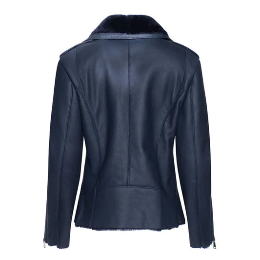 Women's Blue Faux Shearling Straight Moto Leather Jacket-Women Shearling Jacket-Premium Leather Store