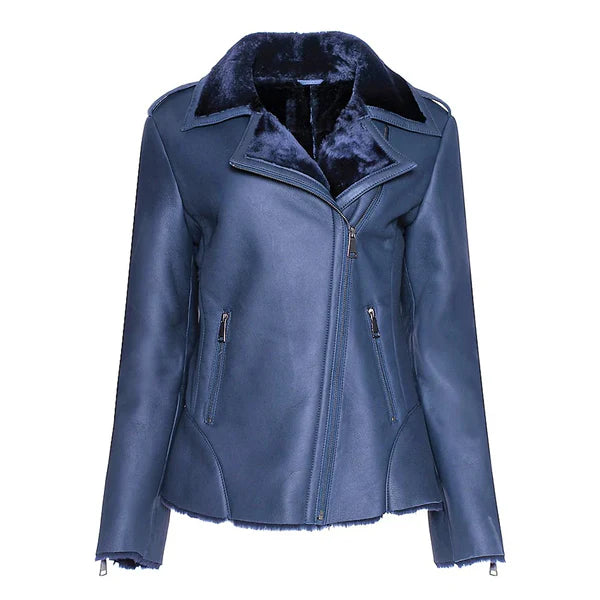 Women's Blue Faux Shearling Straight Moto Leather Jacket