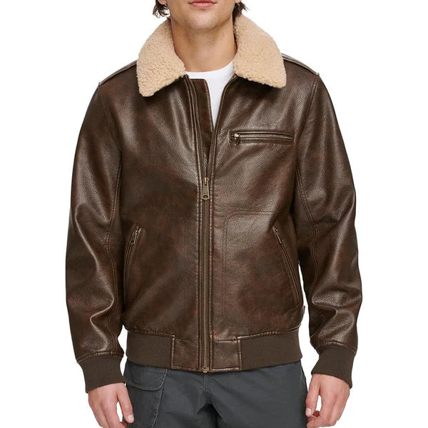 Men's Faux Shearling Sherpa Collar Bomber Leather Jacket-Men Shearling Jacket-Premium Leather Store