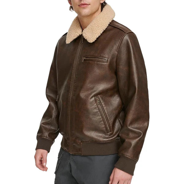 Men's Faux Shearling Sherpa Collar Bomber Leather Jacket-Men Shearling Jacket-Premium Leather Store