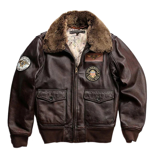 Men's Vintage Aviator Faux Shearling Collar Leather Jacket-Men Shearling Jacket-Premium Leather Store