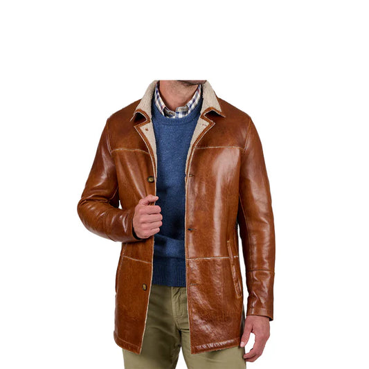 Brown Lamb Sherpa Lining Genuine Leather Coat-Men Leather Coat-Premium Leather Store