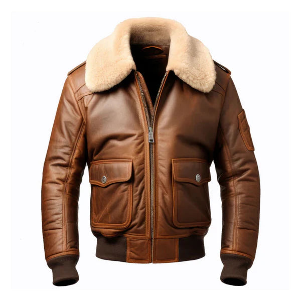 Men's Brown Aviator Casual Faux Shearling Lapel Leather Jacket-Men Shearling Jacket-Premium Leather Store