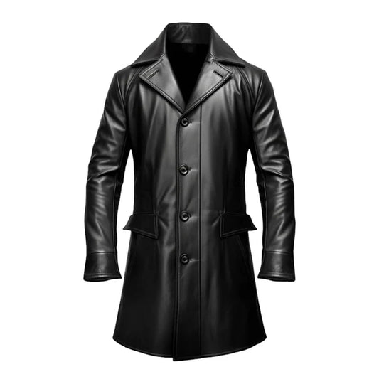 Black Strap Pocket Long Real Leather Coat-Men Leather Coat-Premium Leather Store