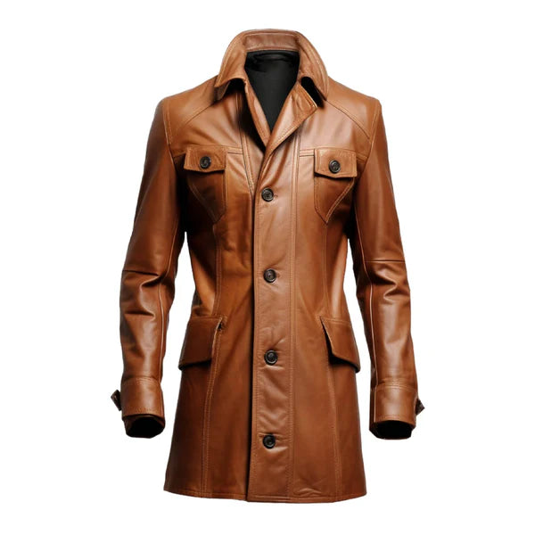 Brown Stylish Erect Collar Genuine Leather Coat-Men Leather Coat-Premium Leather Store