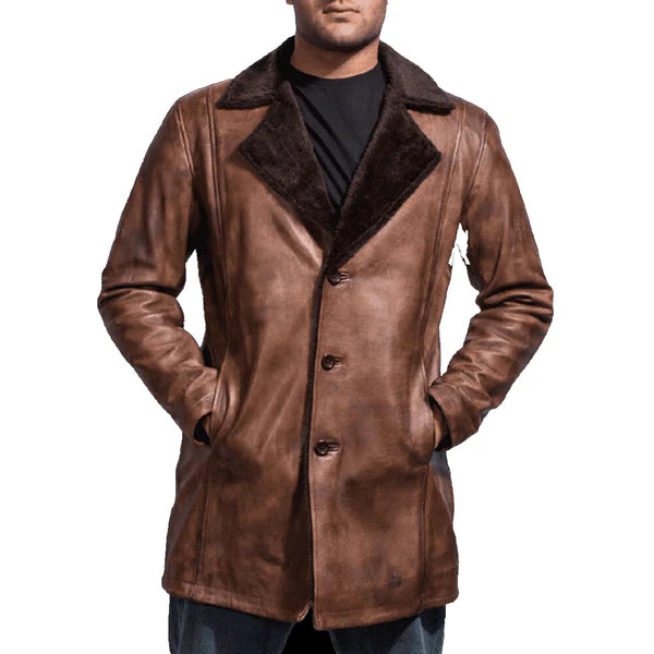 Brown Real Leather Long Trench Coat-Men Leather Coat-Premium Leather Store