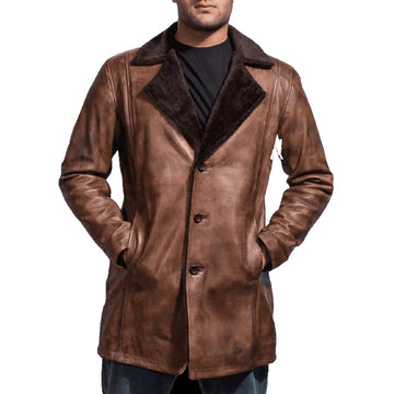 Brown Real Leather Long Trench Coat-Men Leather Coat-Premium Leather Store