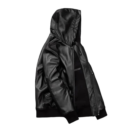 Men's Black Hooded Motorcycle Bomber Jacket