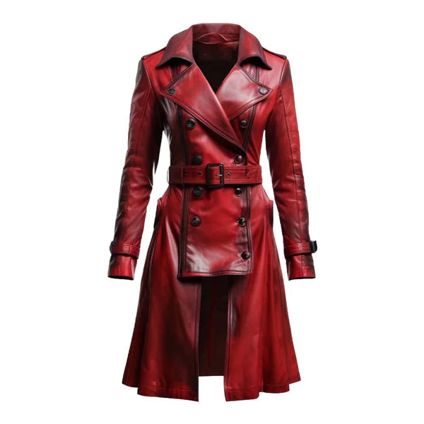 Women's Red Vire Long Fashionable Leather Coat