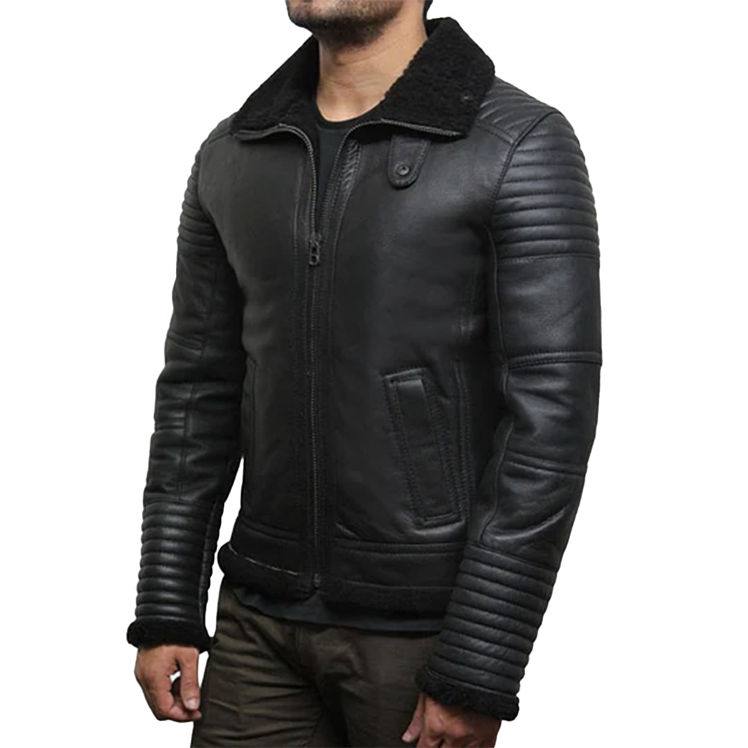 Men's Black Faux Shearling Flying Leather Jacket-Men Shearling Jacket-Premium Leather Store