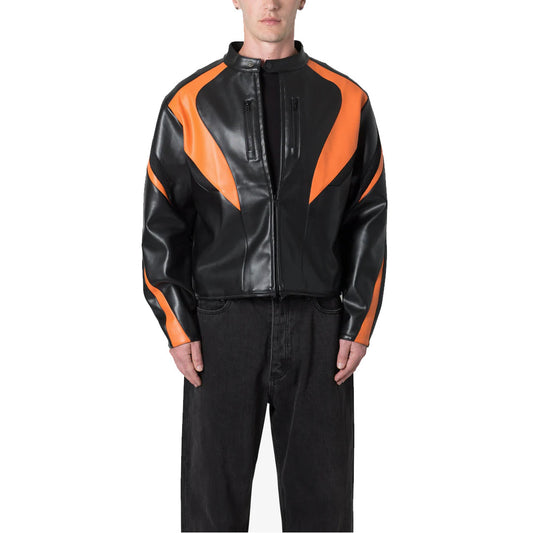 Men's Black Orange Cropped Biker Leather Jacket