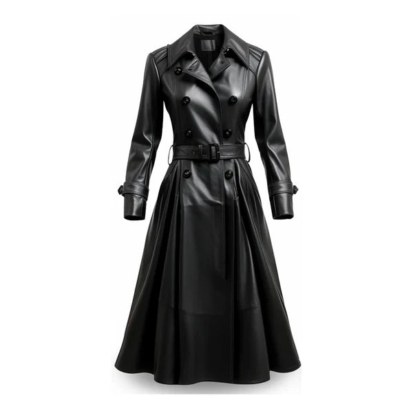 Women's Black Bravura Long Designer Leather Coat