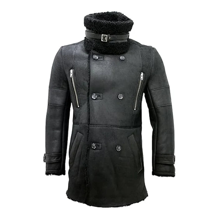 Black Reefer Double-Breasted Warm Real Leather Coat-Men Leather Coat-Premium Leather Store