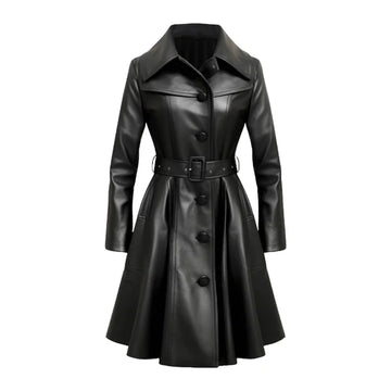 Women's Black Lumos Stylish Long Leather Coat