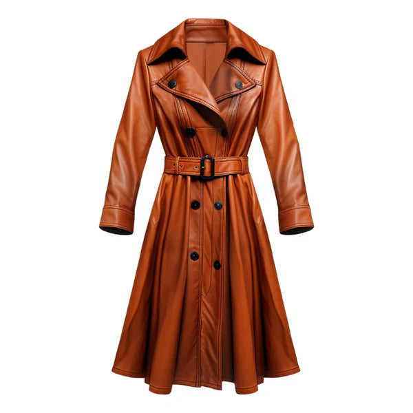 Women's Brown Echelon Long Authentic Leather Coat-Women Leather Coat-Premium Leather Store