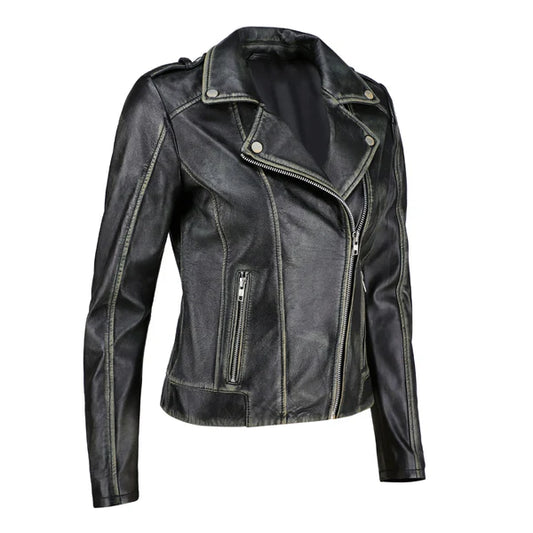 Women's Black Zip-Up Handwaxed Moto Jacket