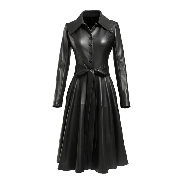 Women's Black Nexa Long Classic Leather Coat-Women Leather Coat-Premium Leather Store