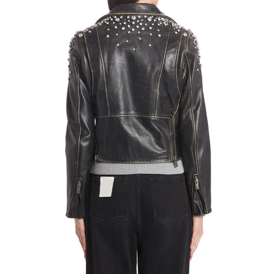 Women's Crystal Embellished Moto Leather Jacket-Women Leather Jacket-Premium Leather Store