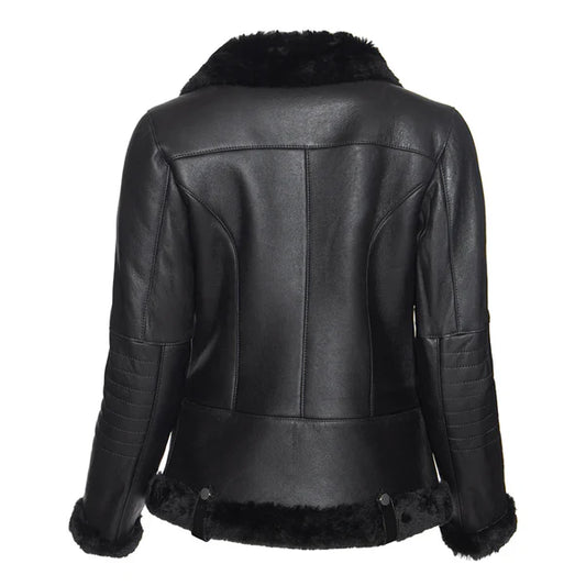 Women's Spanish Merino Faux Shearling Black Leather Jacket-Women Shearling Jacket-Premium Leather Store