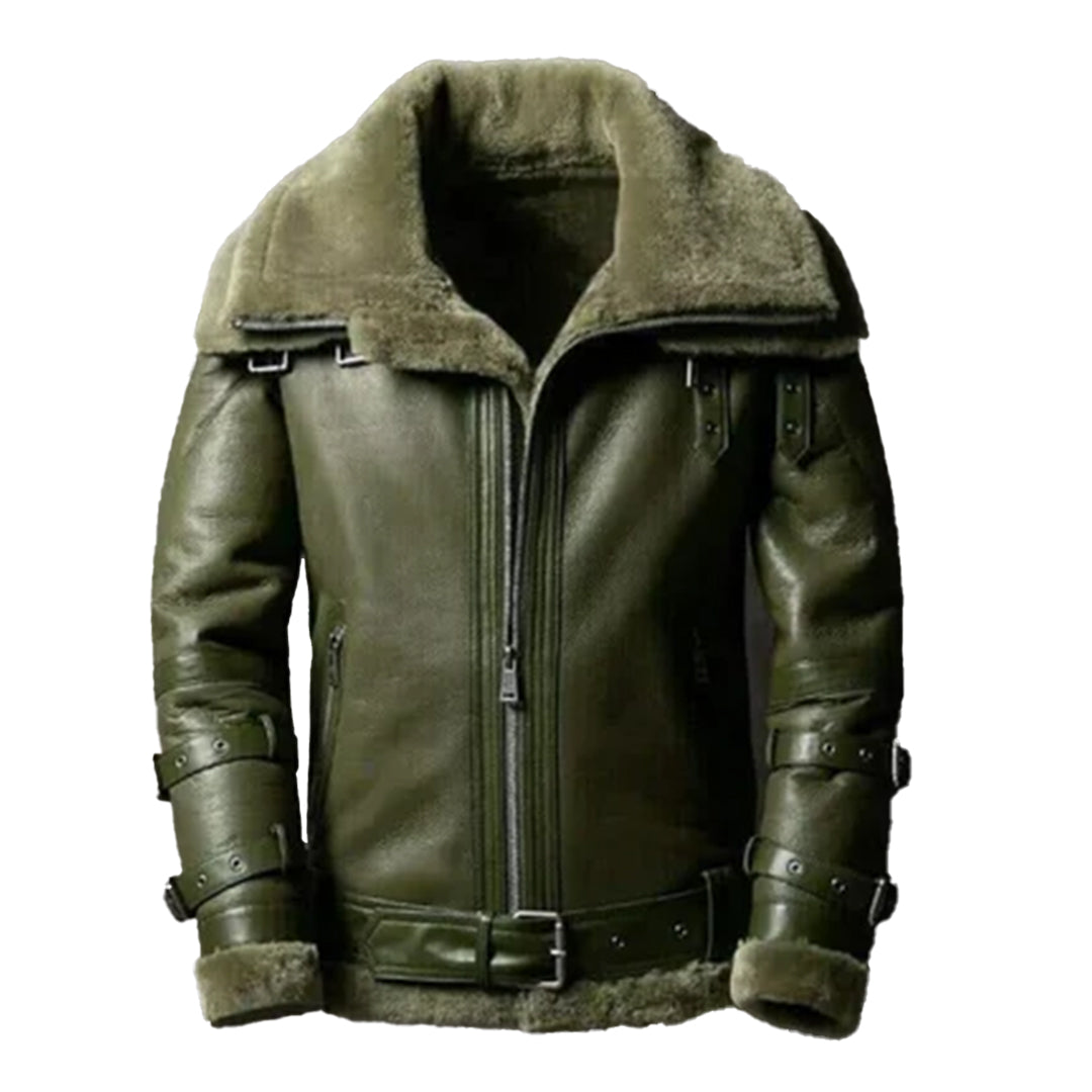 Men's Double Collar Green RAF Faux Shearling Bomber Jacket-Men Shearling Jacket-Premium Leather Store