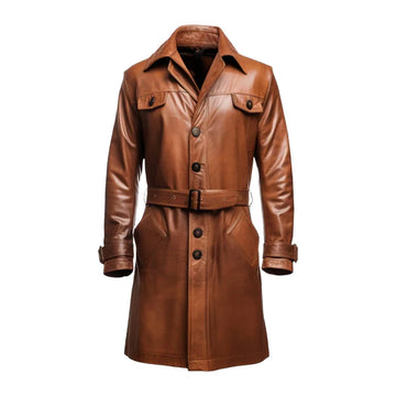 Brown Vintage Button Style Long Real Leather Coat-Men Leather Coat-Premium Leather Store