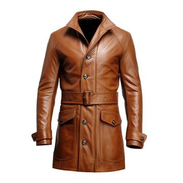 Brown Vintage Big Pockets Long Leather Coat-Men Leather Coat-Premium Leather Store