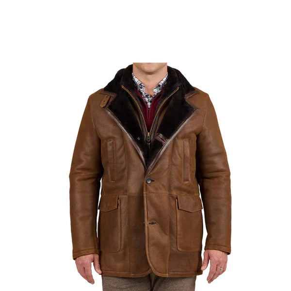 Brown Fur Double Shearling Genuine Leather Coat-Men Leather Coat-Premium Leather Store