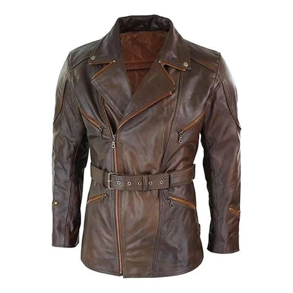 Brown Quarter Length German Motorcycle Leather Coat-Men Leather Coat-Premium Leather Store