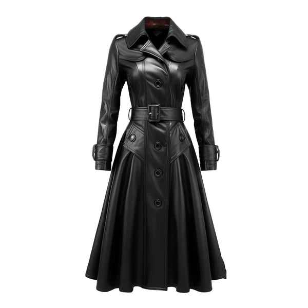 Women's Black Zeon Long Designer Leather Coat