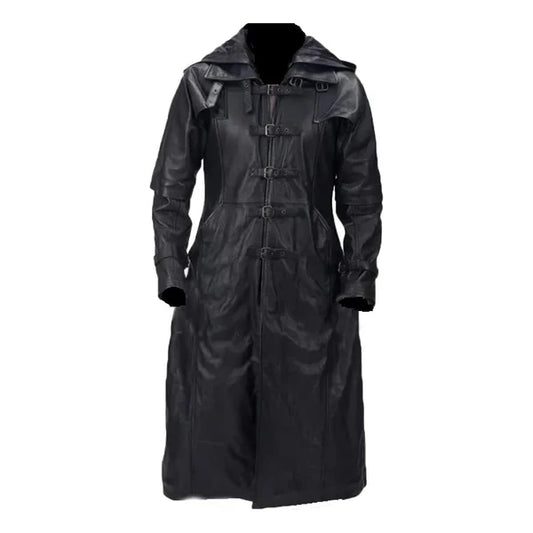 Black Hooded Goth Matrix Steampunk Long Leather Coat-Men Leather Coat-Premium Leather Store