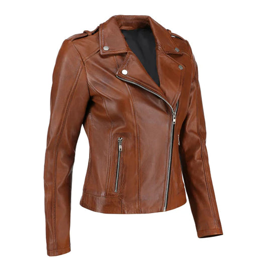 Women's Brown Zip-Up Handwaxed Moto Jacket