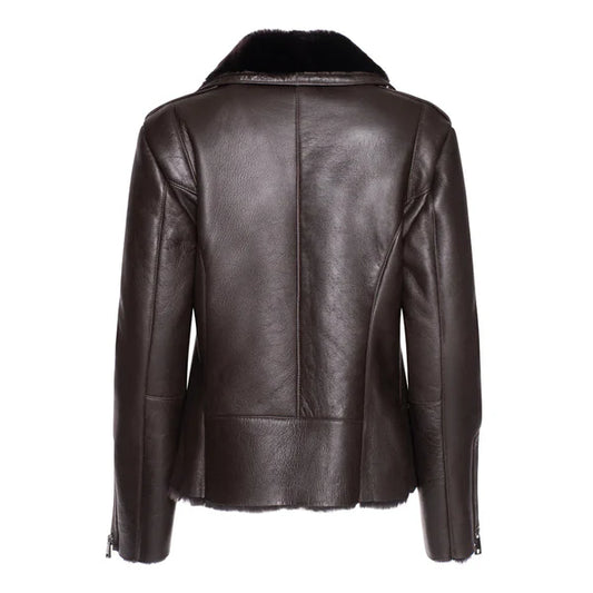 Women's Brown Faux Shearling Straight Moto Leather Jacket-Women Shearling Jacket-Premium Leather Store