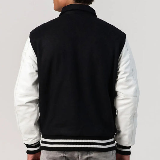 Black Body Varsity Jacket with White Leather Sleeves, Byron Collar, and Zipper