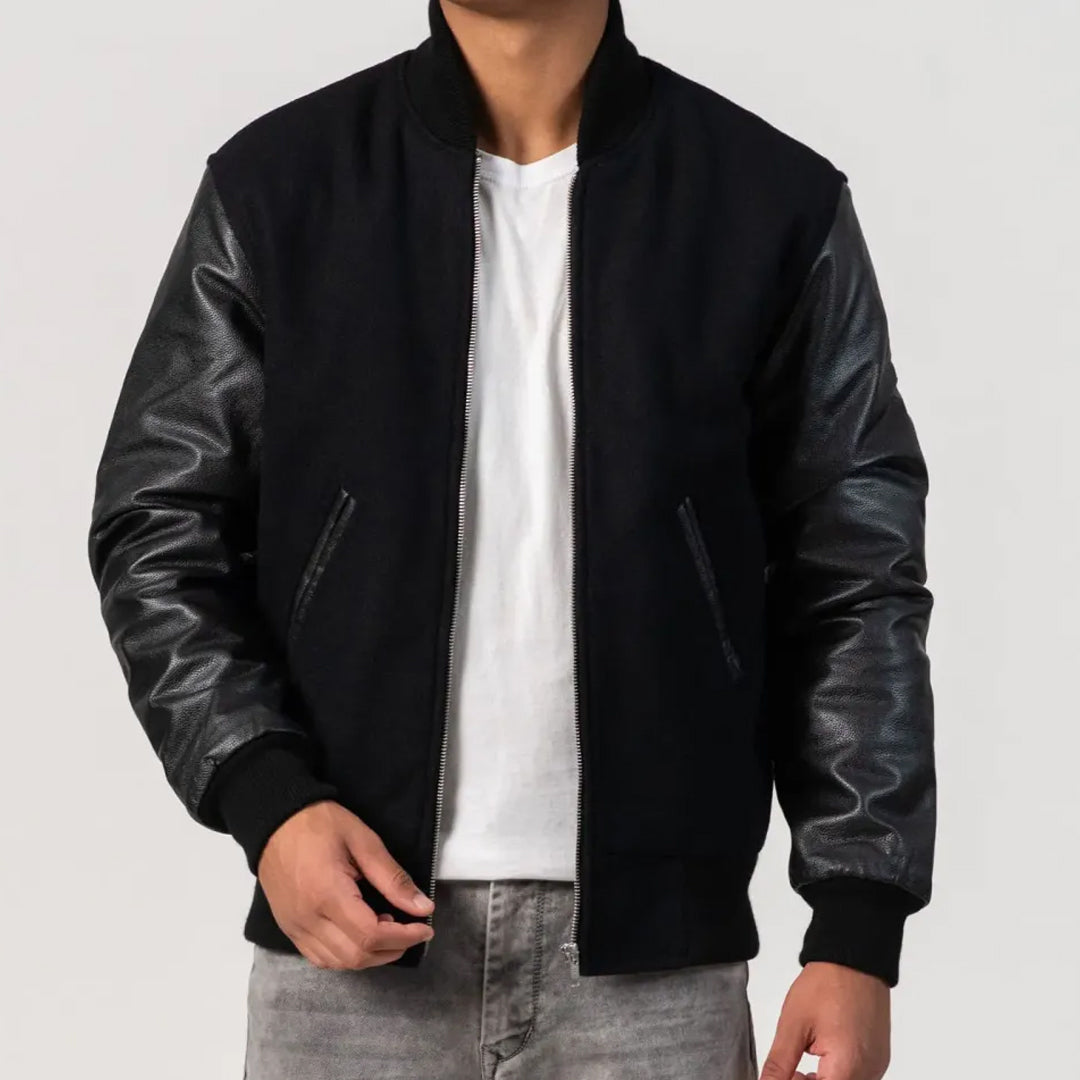 Black Melton Wool Varsity Jacket with Cowhide Leather Sleeves and Zipper