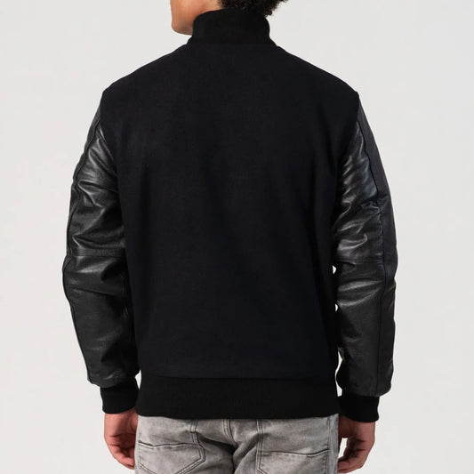 Black Melton Wool Varsity Jacket with Cowhide Leather Sleeves and Zipper