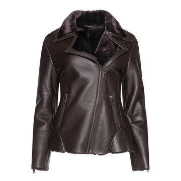 Women's Brown Faux Shearling Straight Moto Leather Jacket