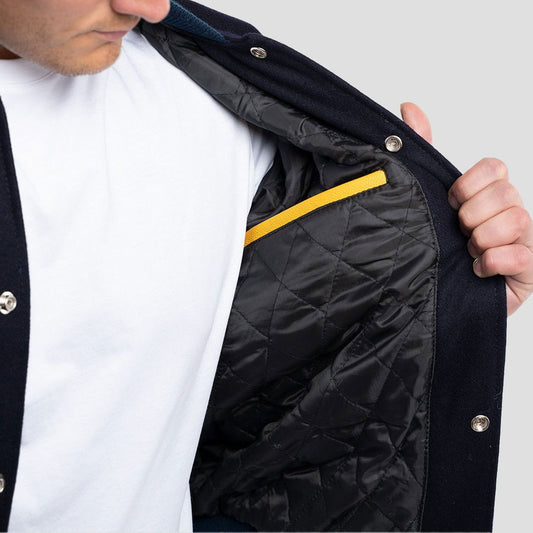 Navy Blue Wool Varsity Jacket with Lemon Leather Sleeves