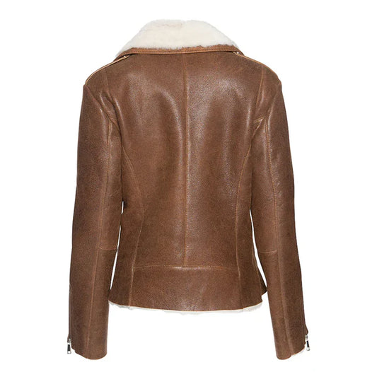 Women's Cognac Faux Shearling Straight Moto Leather Jacket