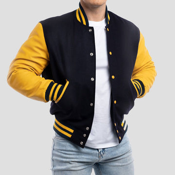 Navy Blue Wool Varsity Jacket with Lemon Leather Sleeves