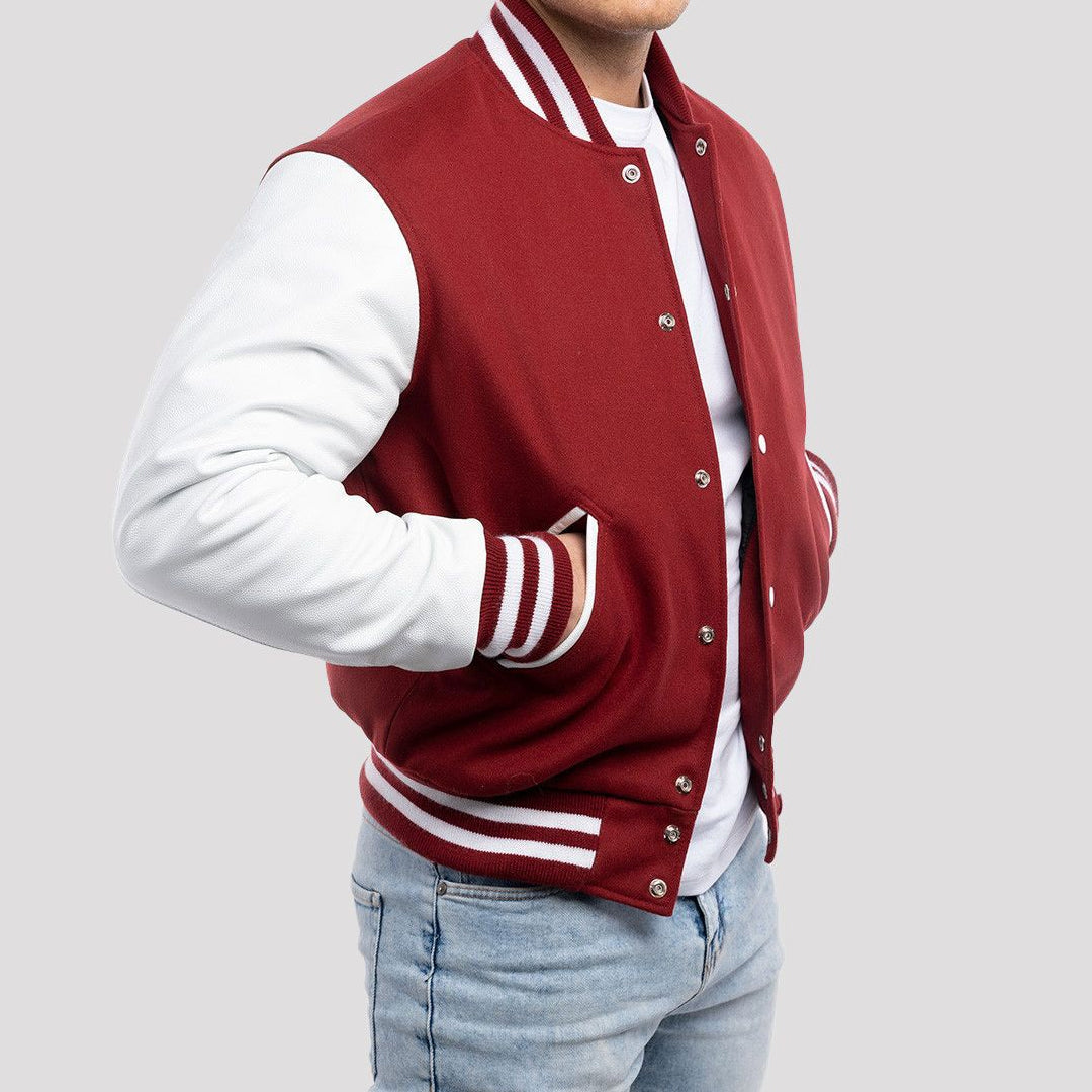 Cardinal Red Wool Varsity Jacket with Bright White Leather Sleeves