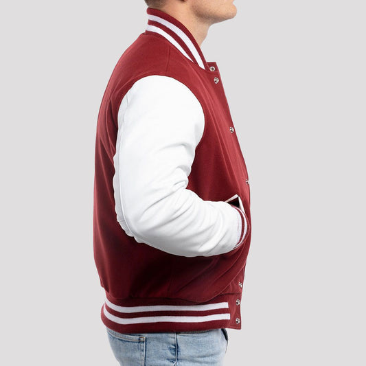 Cardinal Red Wool Varsity Jacket with Bright White Leather Sleeves