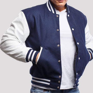 Royal Blue Wool Varsity Jacket with Bright White Leather Sleeves